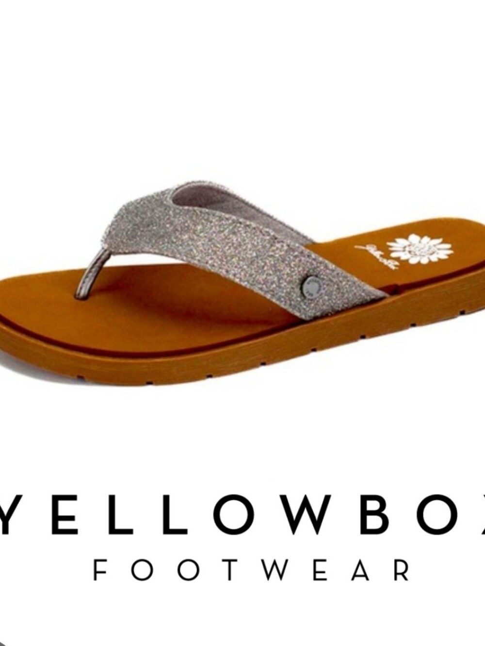 New In Box Yellow Box Fen Glitter Thong Sandals, Charcoal